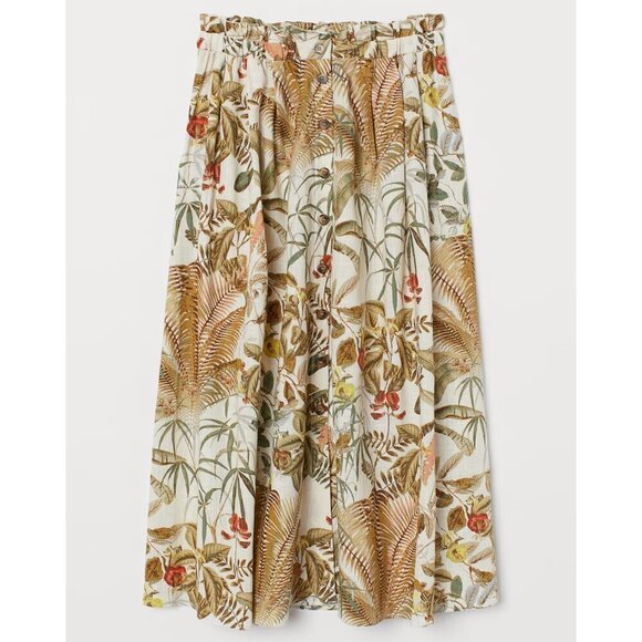 NWT H&M Beige Leaf Tropical Printed Linen Blend Midi Skirt - Picture 1 of 6